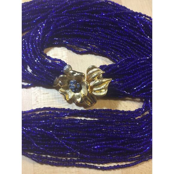 Valjean Vintage Iridescent Cobalt Blue Micro seed bead multistrand long necklace - Picture 1 of 10
